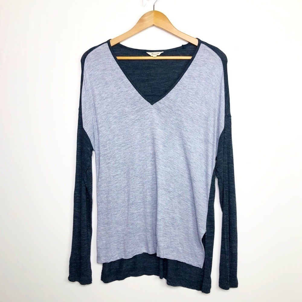 MADEWELL. Navy blue color block, V-neck long sleeve T-shirt.